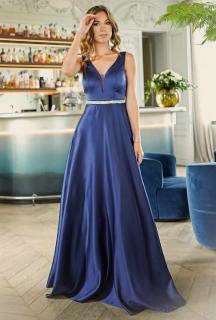 Modré saténové šaty s bohatou sukní Velikost: L