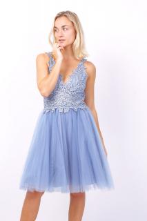 Světle modré krátké šaty s objemnou tylovou sukní Velikost: M