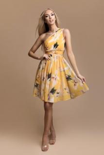 Žluté květované šaty s řaseným živůtkem Velikost: L