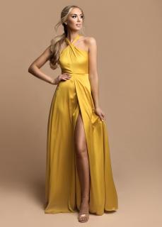 Žluté saténové šaty s rozparkem Velikost: L