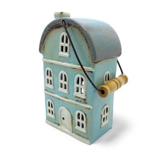 Keramický domeček, lucerna na svíčku s rukojetí, výška 23 cm Barva: Tyrkysová
