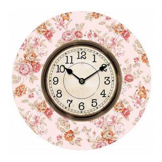 Nástěnné dřevěné hodiny s květinovým motivem, 34 cm