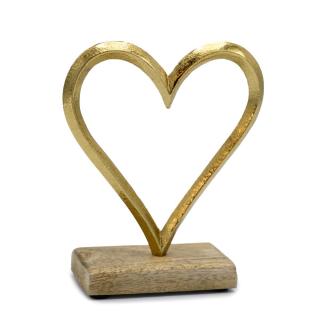 Srdce zlaté kovové na dřevěném podstavci Velikost: Malé