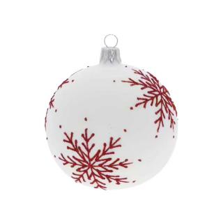 Vánoční ozdoba, bílá s červenými vločkami 8 cm, 1 ks