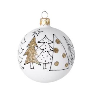 Vánoční ozdoba, bílá se zlatými stromečky 8 cm, 1 ks