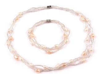 Náhrdelník a náramek s růžovobílými perlami (160480-4)