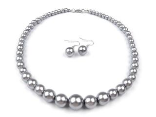 Náhrdelník a náušnice z voskovaných perel šedé (130389-7)