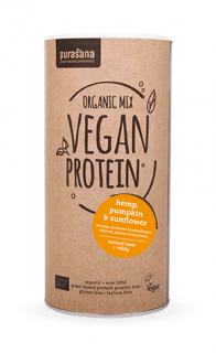 Purasana Vegan Protein MIX BIO 400g Balení: 400g, Příchuť: Banán-vanilka (hrách, rýže, dýně, slunečnice, konopí)