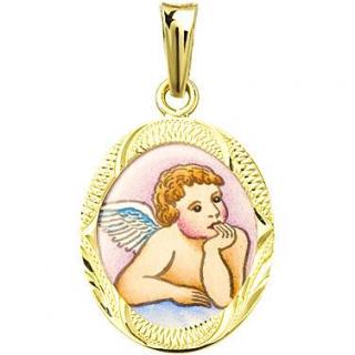 Zlatý dětský přívěsek - ochranný andílek v rytém rámečku Zlato: bílé