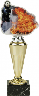 Barevná akrylátová trofej s hasičem a ohněm Výška: 16 cm