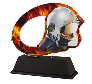 Barevná akrylátová trofej s hasičskou helmou a ohněm Výška: 11cm