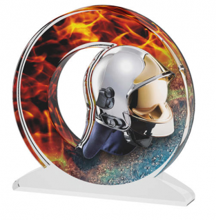 Barevná akrylátová trofej s hasičskou helmou a ohněm Výška: 15cm