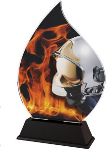 Barevná akrylátová trofej s hasičskou helmou a ohněm Výška: 17 cm