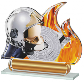 Barevná akrylátová trofej ve tvaru plamene s hasičskou helmou a hadicí Výška: 10,5 cm