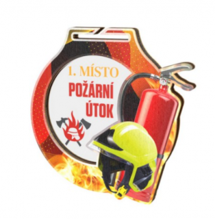 Hasičská medaile 70mm s hasičskou helmou a hasičským přístrojem