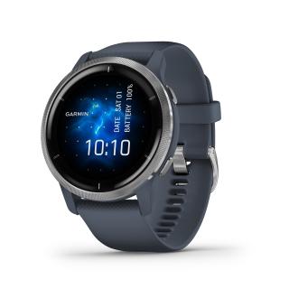 Garmin Venu 2 stříbrná nerezová luneta pouzdro Granite Blue silikonový řemínek