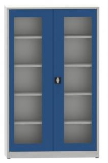 Dílenská skříň prosklená, 195 x 120 x 60 cm, 4 police, 65 kg/pol. Barva dveří: modrá RAL 5005