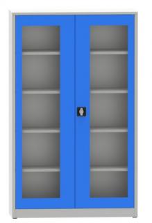 Dílenská skříň prosklená, 195 x 120 x 60 cm, 4 police, 65 kg/pol. Barva dveří: modrá RAL 5012