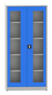 Dílenská skříň prosklená, 195 x 95 x 50 cm, 4 police, 65 kg/pol. Barva dveří: modrá RAL 5012