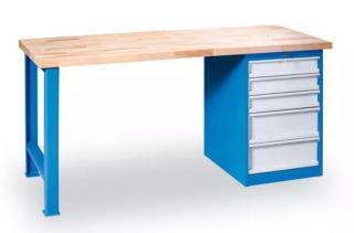 Dílenský stůl Variant, buková spárovka, pevná noha + zásuvkový dílenský box, 5 zásuvek, 1500 x 685 x 850 mm, modrá