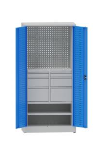 Kovová dílenská skříň perfo, 1 police, 6 zásuvek Barva dveří: modrá RAL 5012