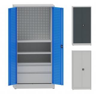 Kovová dílenská skříň perfo, 2 police, 2 zásuvky hluboké Barva dveří: modrá RAL 5012