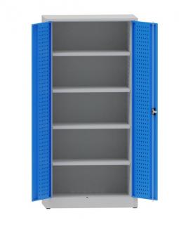 Kovová dílenská skříň perfo, 4 police, 65 kg/pol. Barva dveří: modrá RAL 5012