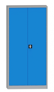 Plechová dílenská skříň demontovaná, 180 x 95 x 50 cm, 4 police, 65 kg/pol., šedá-modrá