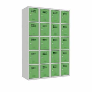 Šatní skříně boxové, 300 mm, 20 boxů, cylindrický zámek, svařované Jméno: Svařovaná šatní skříň, 20 boxů, cylindrický zámek, šedá/zelená