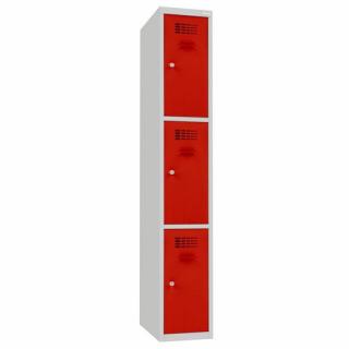 Šatní skříně boxové, 300 mm, 3 boxy, cylindrický zámek, svařované Jméno: Svařovaná šatní skříň, 3 boxy, cylindrický zámek, šedá/červená