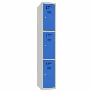 Šatní skříně boxové, 300 mm, 3 boxy, cylindrický zámek, svařované Jméno: Svařovaná šatní skříň, 3 boxy, cylindrický zámek, šedá/světle modrá