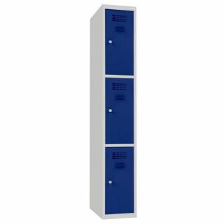 Šatní skříně boxové, 300 mm, 3 boxy, cylindrický zámek, svařované Jméno: Svařovaná šatní skříň, 3 boxy, cylindrický zámek, šedá/tmavě modrá