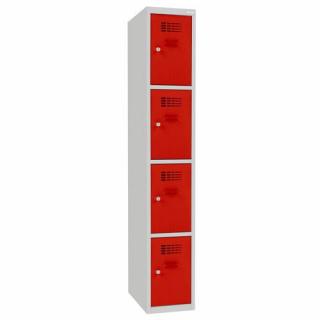 Šatní skříně boxové, 300 mm, 4 boxy, cylindrický zámek, svařované Jméno: Svařovaná šatní skříň, 4 boxy, cylindrický zámek šedá/červená