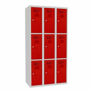 Šatní skříně boxové, 300 mm, 9 boxů, cylindrický zámek, svařované Jméno: Svařovaná šatní skříň, 9 boxů, cylindrický zámek, šedá/červená