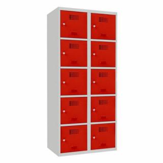 Šatní skříně boxové, 400 mm, 10 boxů, cylindrický zámek, svařované Jméno: Svařovaná šatní skříň, 10 boxů, cylindrický zámek šedá/červená