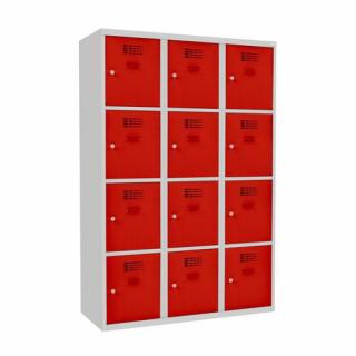 Šatní skříně boxové, 400 mm, 12 boxů, cylindrický zámek, svařované Jméno: Svařovaná šatní skříň, 12 boxů, cylindrický zámek, šedá/červená