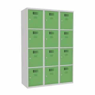 Šatní skříně boxové, 400 mm, 12 boxů, cylindrický zámek, svařované Jméno: Svařovaná šatní skříň, 12 boxů, cylindrický zámek, šedá/zelená