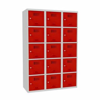 Šatní skříně boxové, 400 mm, 15 boxů, cylindrický zámek, svařované Jméno: Svařovaná šatní skříň, 15 boxů, cylindrický zámek šedá/červená