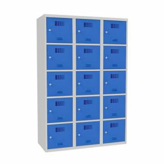 Šatní skříně boxové, 400 mm, 15 boxů, cylindrický zámek, svařované Jméno: Svařovaná šatní skříň, 15 boxů, cylindrický zámek šedá/světle modrá