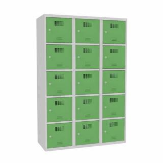 Šatní skříně boxové, 400 mm, 15 boxů, cylindrický zámek, svařované Jméno: Svařovaná šatní skříň, 15 boxů, cylindrický zámek šedá/zelená