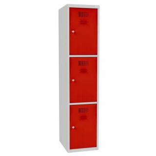 Šatní skříně boxové, 400 mm, 3 boxy, cylindrický zámek, svařované Jméno: Svařovaná šatní skříň, 3 boxy, cylindrický zámek, šedá/červená