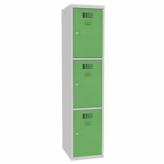 Šatní skříně boxové, 400 mm, 3 boxy, cylindrický zámek, svařované Jméno: Svařovaná šatní skříň, 3 boxy, cylindrický zámek, šedá/zelená