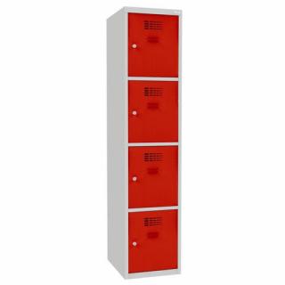 Šatní skříně boxové, 400 mm, 4 boxy, cylindrický zámek, svařované Jméno: Svařovaná šatní skříň, 4 boxy, cylindrický zámek, šedá/červená