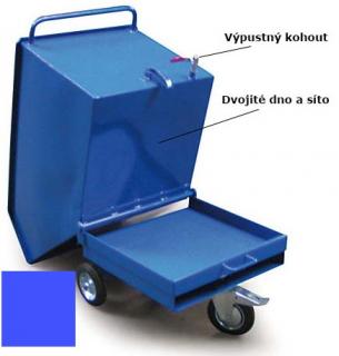 Výklopný vozík na špony, třísky 250 litrů, s dvojitým dnem, sítem a kohoutem, modrý