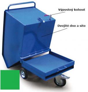 Výklopný vozík na špony, třísky 250 litrů, s dvojitým dnem, sítem a kohoutem, zelený
