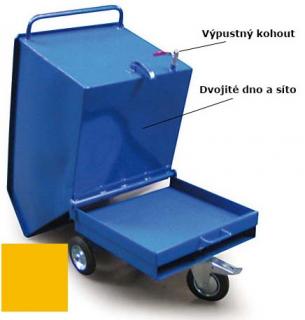 Výklopný vozík na špony, třísky 250 litrů, s dvojitým dnem, sítem a kohoutem, žlutý
