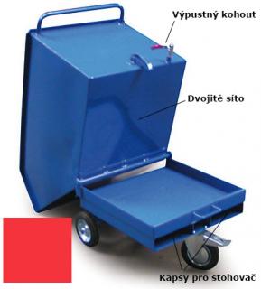 Výklopný vozík na špony, třísky 250 litrů, s kapsami pro stohovač, dvojitým dnem, sítem i kohoutem, červený