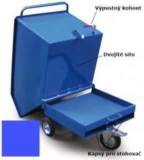 Výklopný vozík na špony, třísky 250 litrů, s kapsami pro stohovač, dvojitým dnem, sítem i kohoutem, modrý
