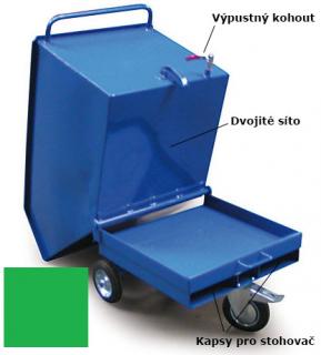 Výklopný vozík na špony, třísky 250 litrů, s kapsami pro stohovač, dvojitým dnem, sítem i kohoutem, zelený