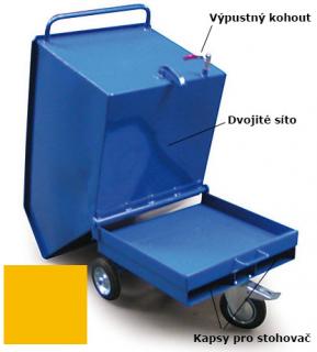 Výklopný vozík na špony, třísky 250 litrů, s kapsami pro stohovač, dvojitým dnem, sítem i kohoutem, žlutý